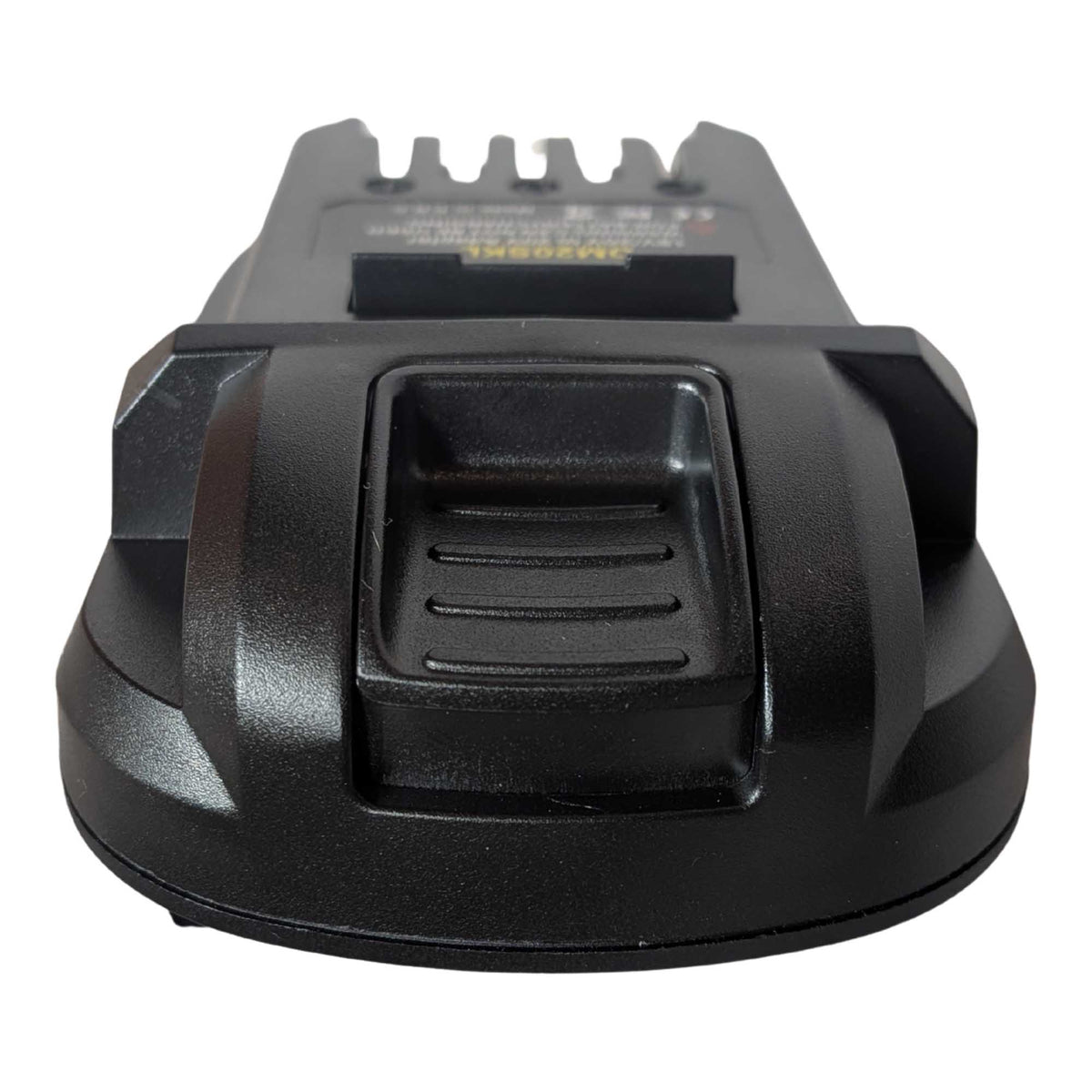 Milwaukee M18 to SKIL 20V PWR CORE battery adapter - front view of the ribbed release catch on the end face