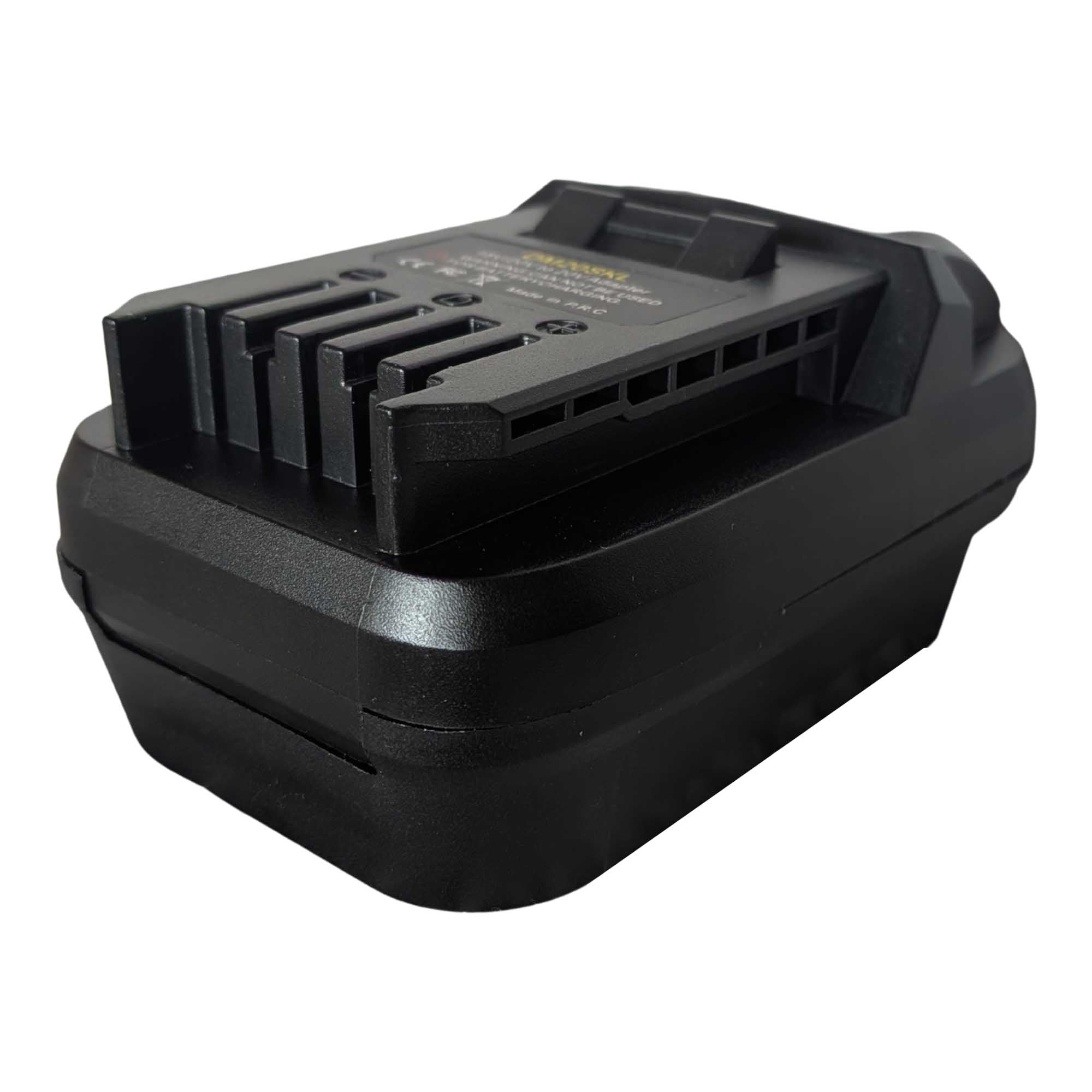 Milwaukee M18 to SKIL 20V PWR CORE battery adapter - SKIL tool-side connection at the near end, raised fins beside the slots