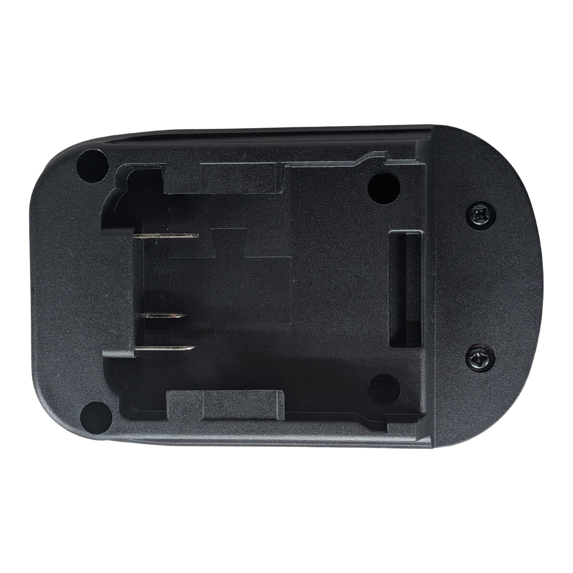 Milwaukee M18 to SKIL 20V PWR CORE battery adapter - stepped battery-side pocket, three terminal blades and a latch slot