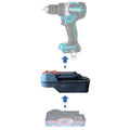 Parkside X20V to Makita 18V LXT battery adapter - compatibility diagram showing battery, adapter and cordless drill