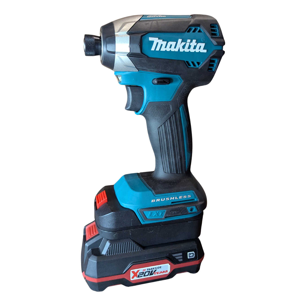 Parkside X20V to Makita 18V LXT battery adapter - installed on an impact driver, three-quarter front view, battery pack below