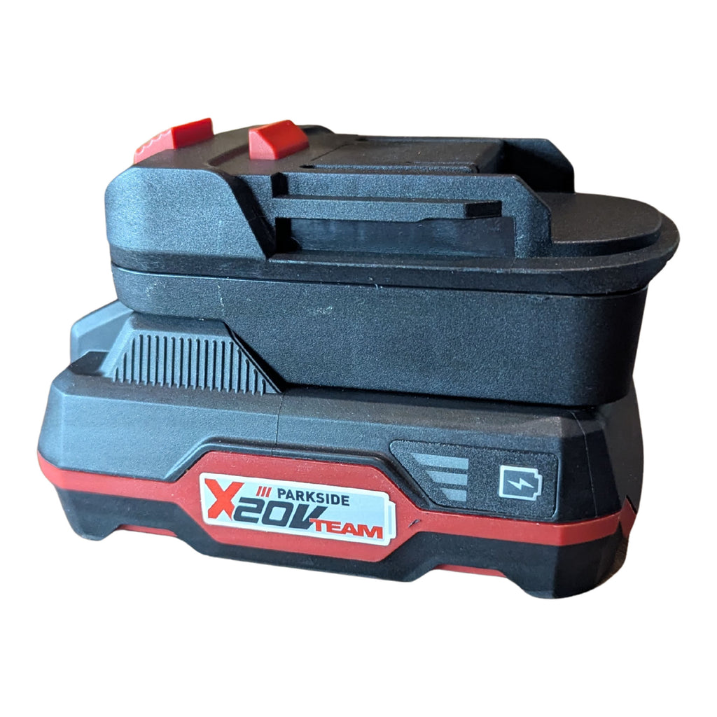 Parkside X20V to Makita 18V LXT battery adapter - fitted to the Parkside X20V battery, Makita tool-side connection upward