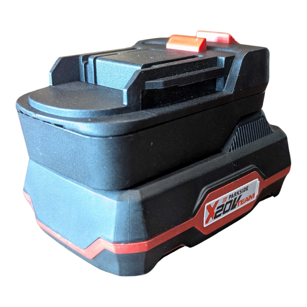 Parkside X20V to Makita 18V LXT battery adapter - fitted to the Parkside X20V battery, Makita tool-side connection upward