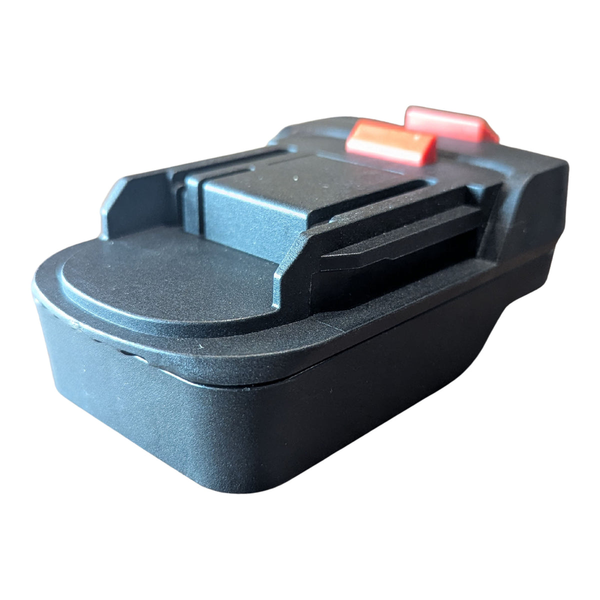 Parkside X20V to Makita 18V LXT battery adapter - Makita tool-side connection with the rail channel, three-quarter view
