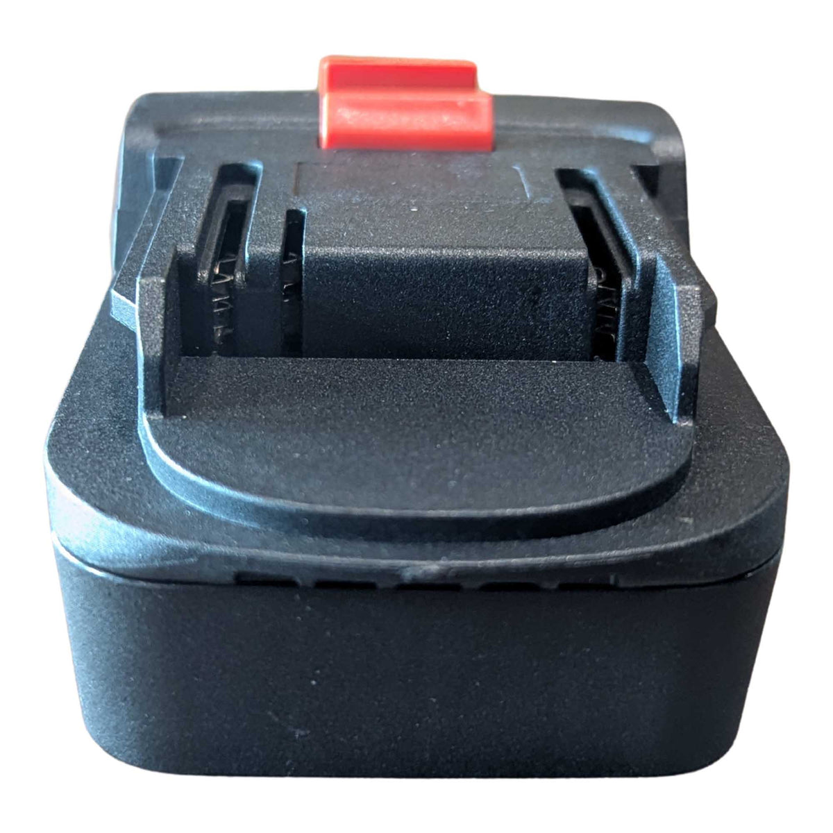 Parkside X20V to Makita 18V LXT battery adapter - Makita tool-side connection head-on, terminal slots and release catch