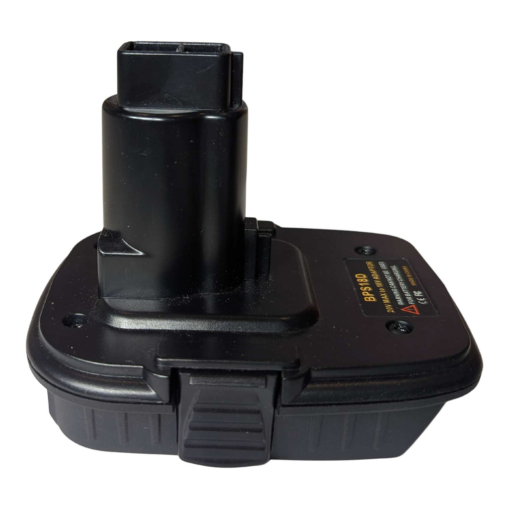 Porter Cable 20V to DeWalt 18V Ni-Cd battery adapter - side view showing the tool-side post and the release catch