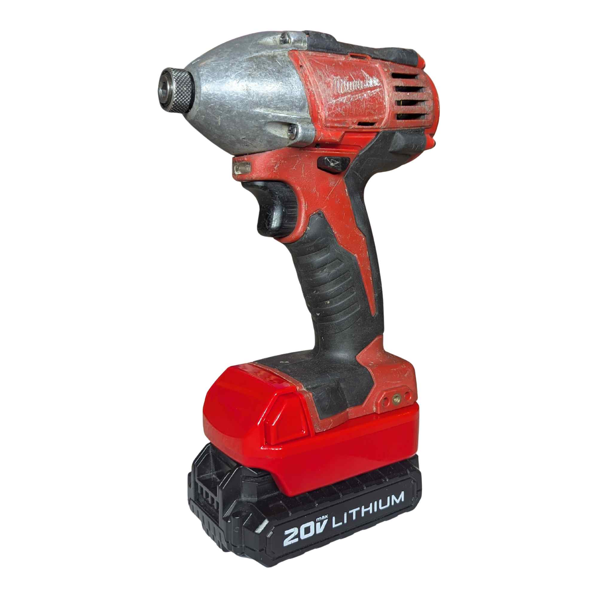 Porter Cable 20V to Milwaukee M18 battery adapter - installed on an impact driver, battery fitted below