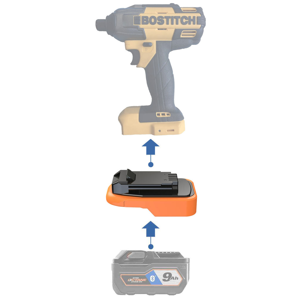 RIDGID 18V to Bostitch 18V battery adapter - compatibility diagram showing battery, adapter and impact driver