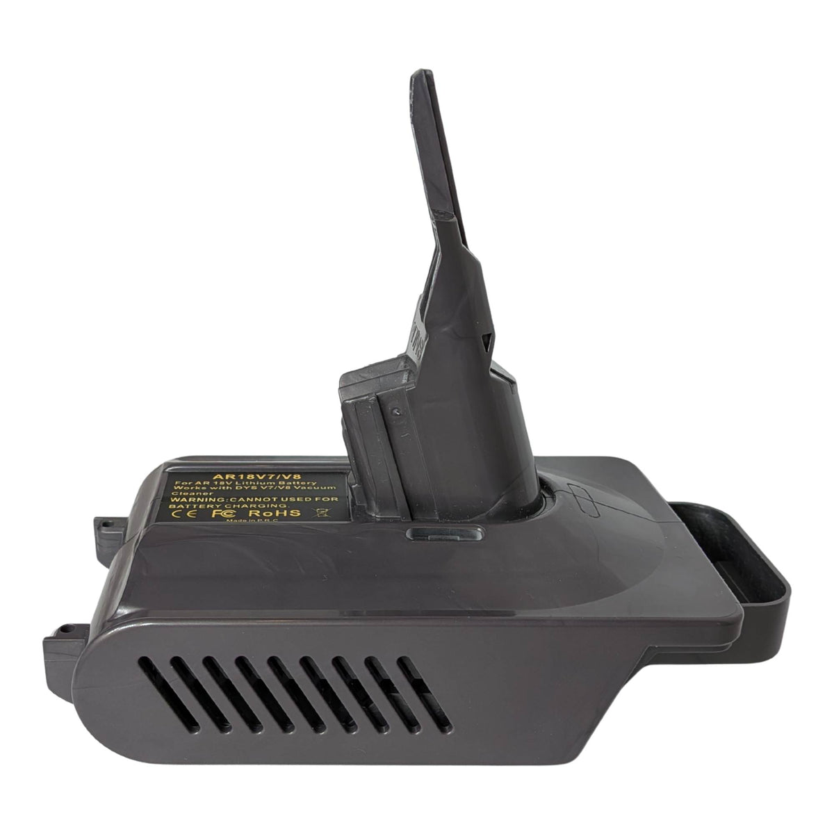 RIDGID 18V to Dyson V7 battery adapter - side view showing the Dyson tool-side stem, vent grille and warning label