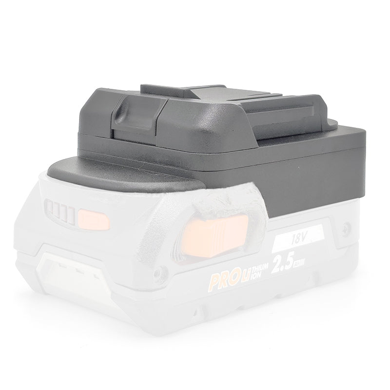 RIDGID 18V to RIDGID Plumbing battery adapter - seated on a battery pack, tool-side connection upward