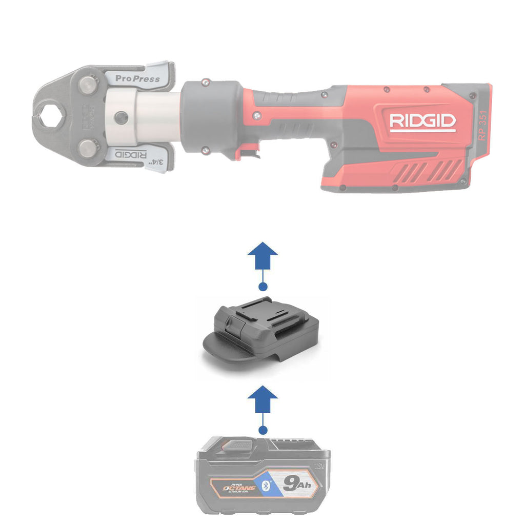 RIDGID 18V to RIDGID Plumbing battery adapter - compatibility diagram showing battery, adapter and crimping press tool