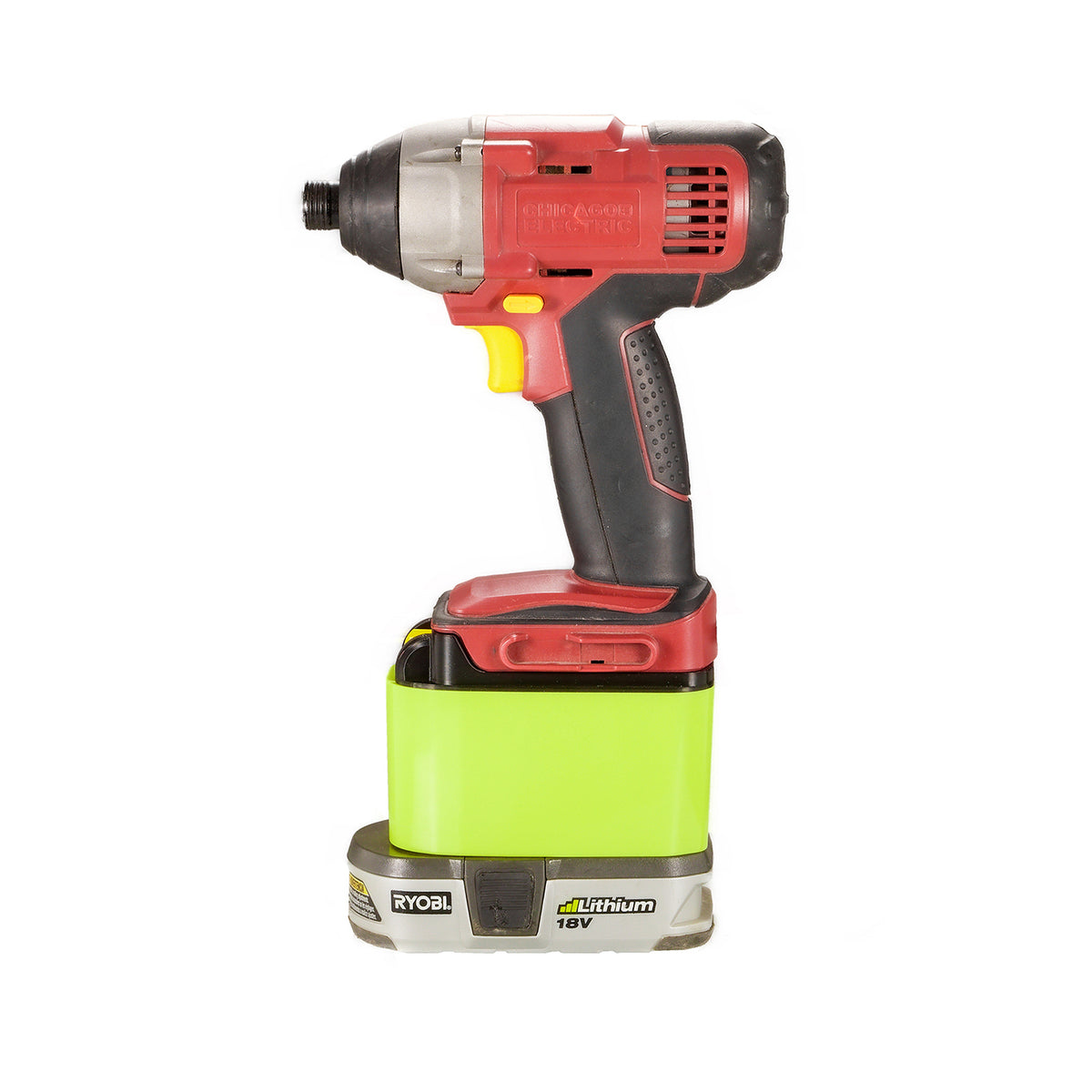 Ryobi 18V ONE+ to Chicago Electric 18V battery adapter - impact driver installed on the adapter, fitted to the battery pack