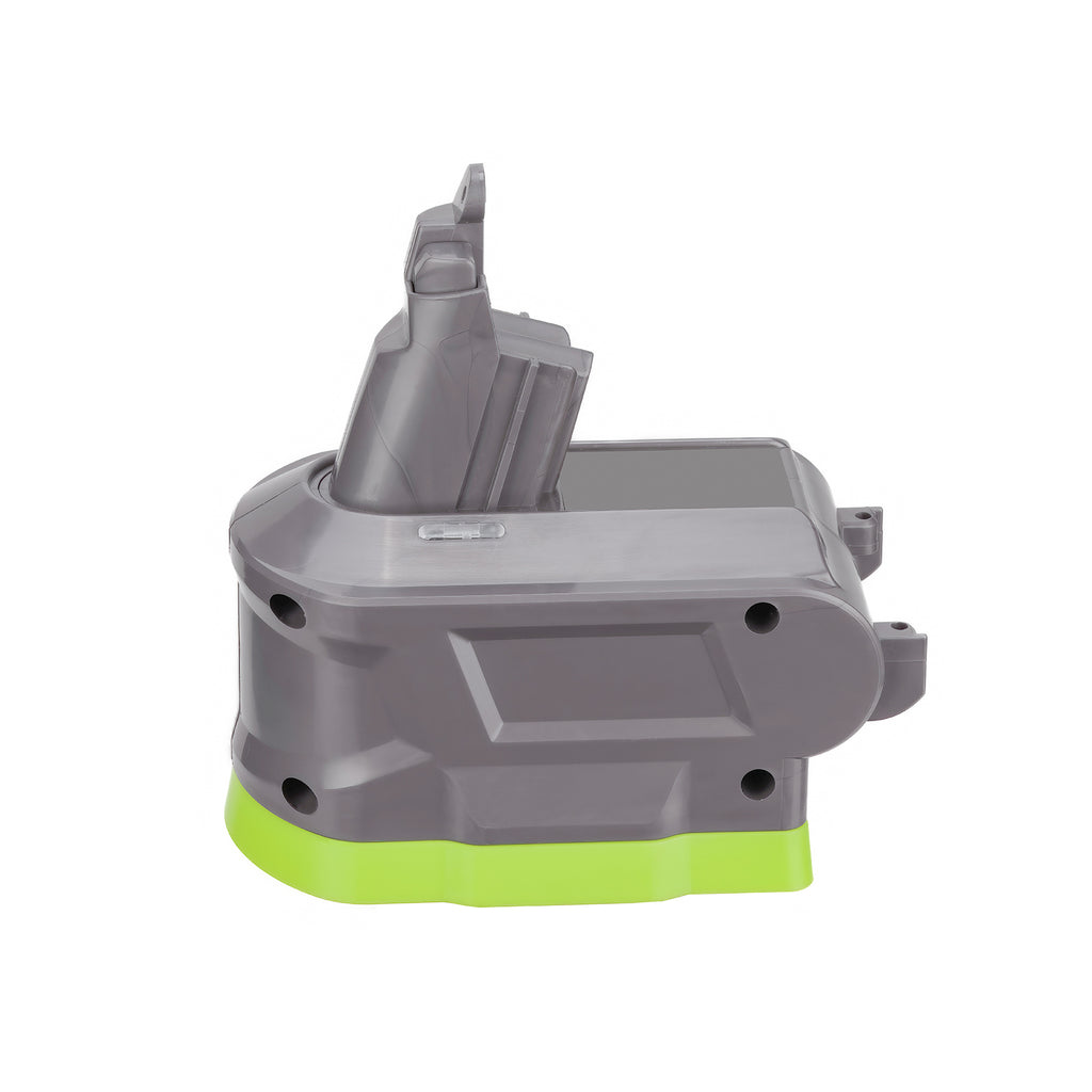 Ryobi 18V ONE+ to Dyson V6 battery adapter - side view, tool-side stem above the body and base band