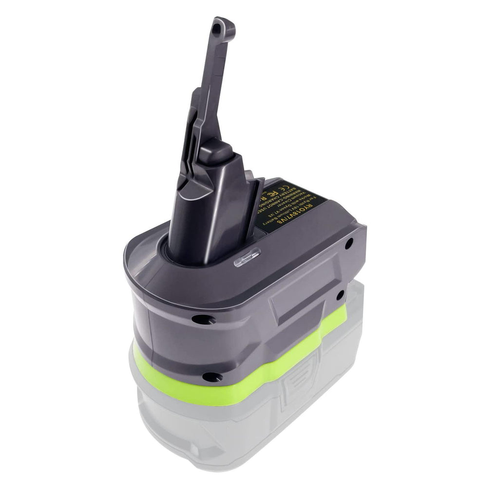 Ryobi 18V ONE+ to Dyson V7 battery adapter - tool-side post and release latch, battery shown as a faded outline