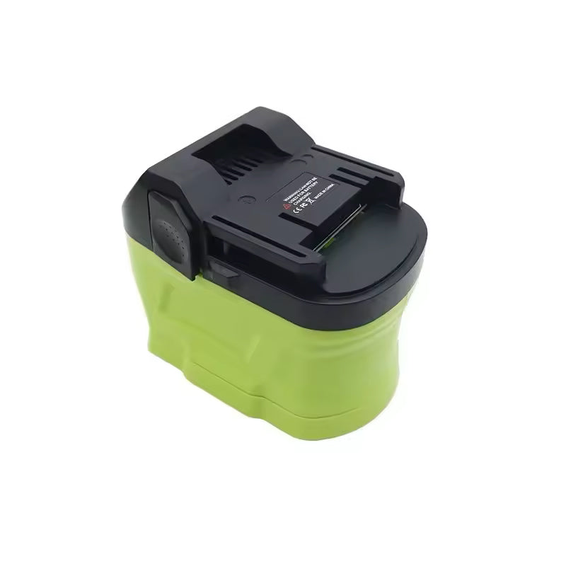 Ryobi 18V ONE+ to Hikoki 18V battery adapter - three-quarter view, Hikoki tool-side connection with dimpled release pad