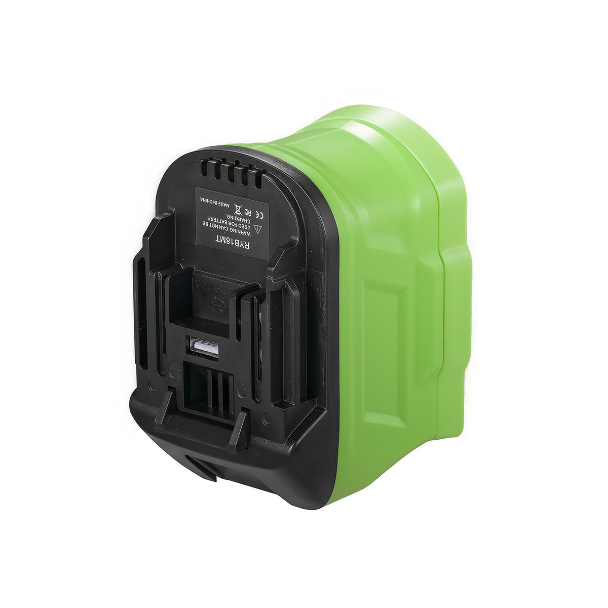 Ryobi 18V ONE+ to Makita 18V LXT battery adapter - Makita tool-side connection face on, terminal blade in the slot