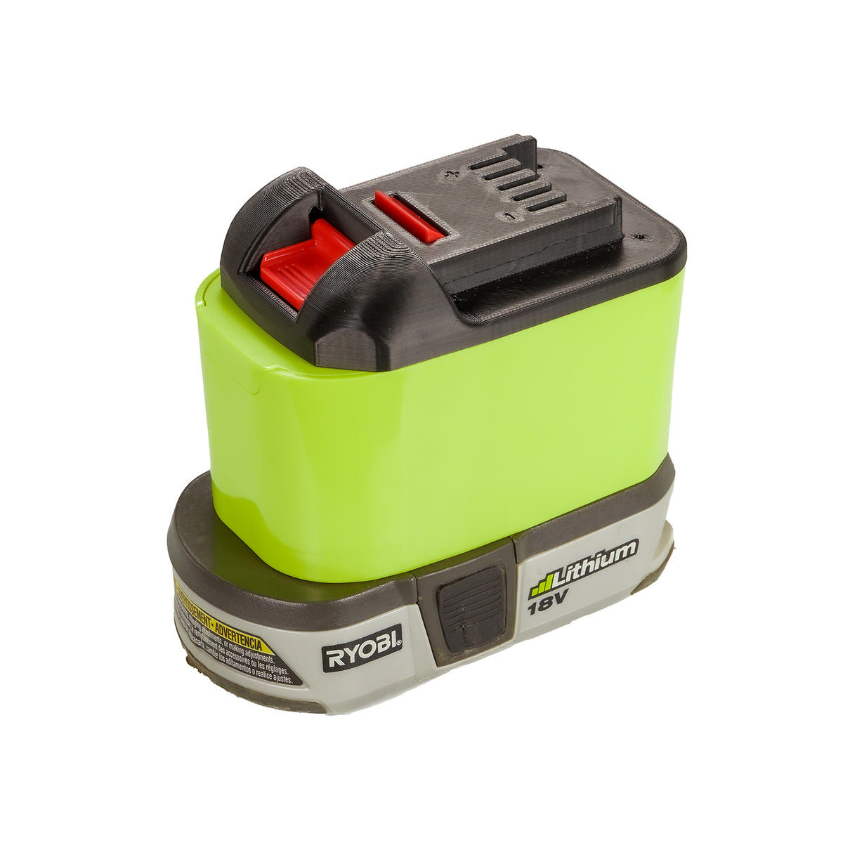 Ryobi 18V ONE+ to Masterforce 20V battery adapter - fitted to the Ryobi 18V ONE+ battery, Masterforce tool-side face upward