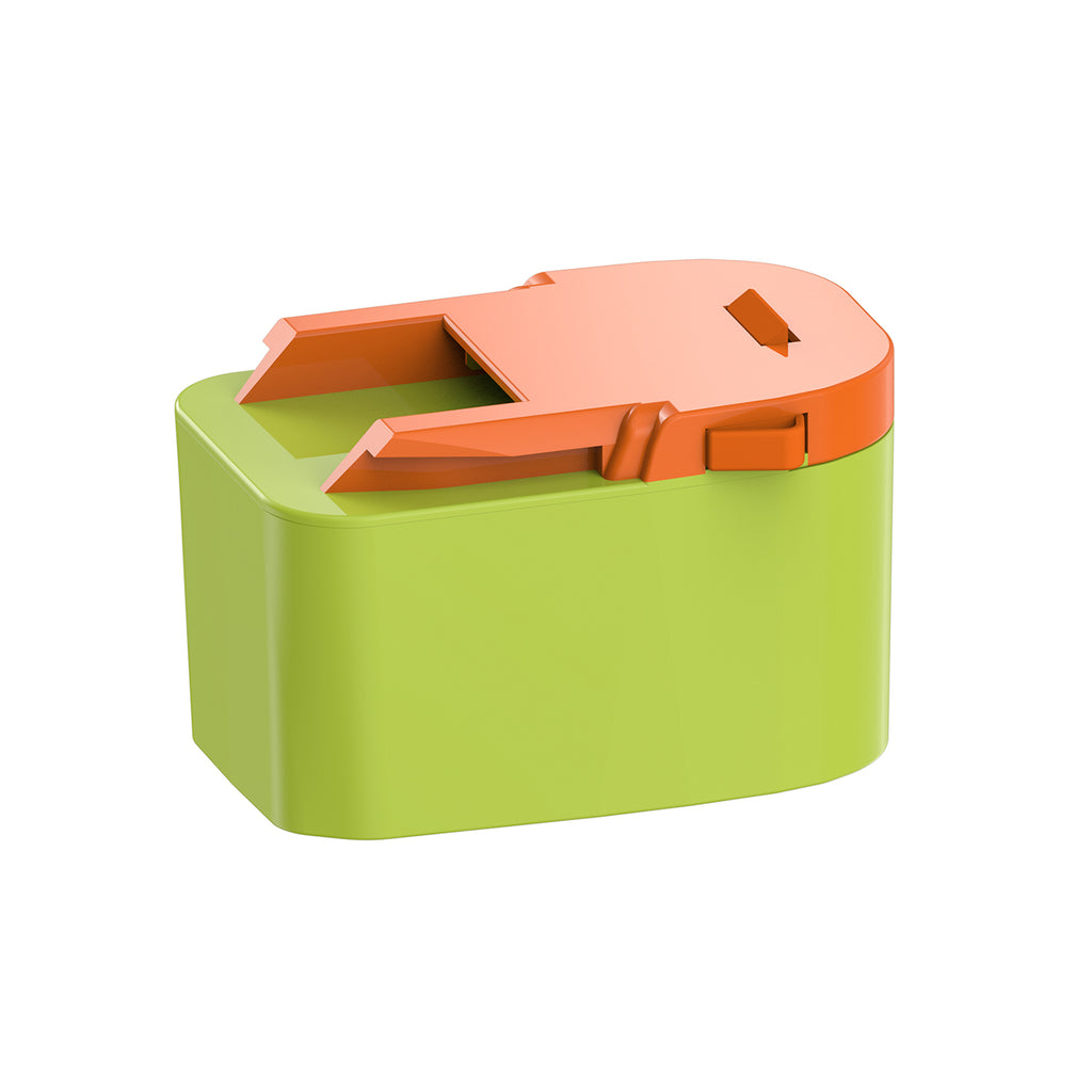 Ryobi 18V ONE+ to RIDGID 18V battery adapter - orange RIDGID tool-side rails and latch above the green battery-side body