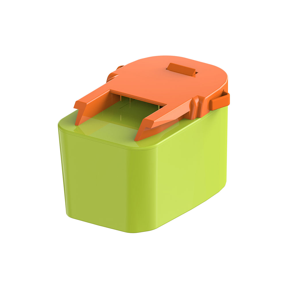 Ryobi 18V ONE+ to RIDGID 18V battery adapter - orange RIDGID tool-side rails and latch above the green battery-side body