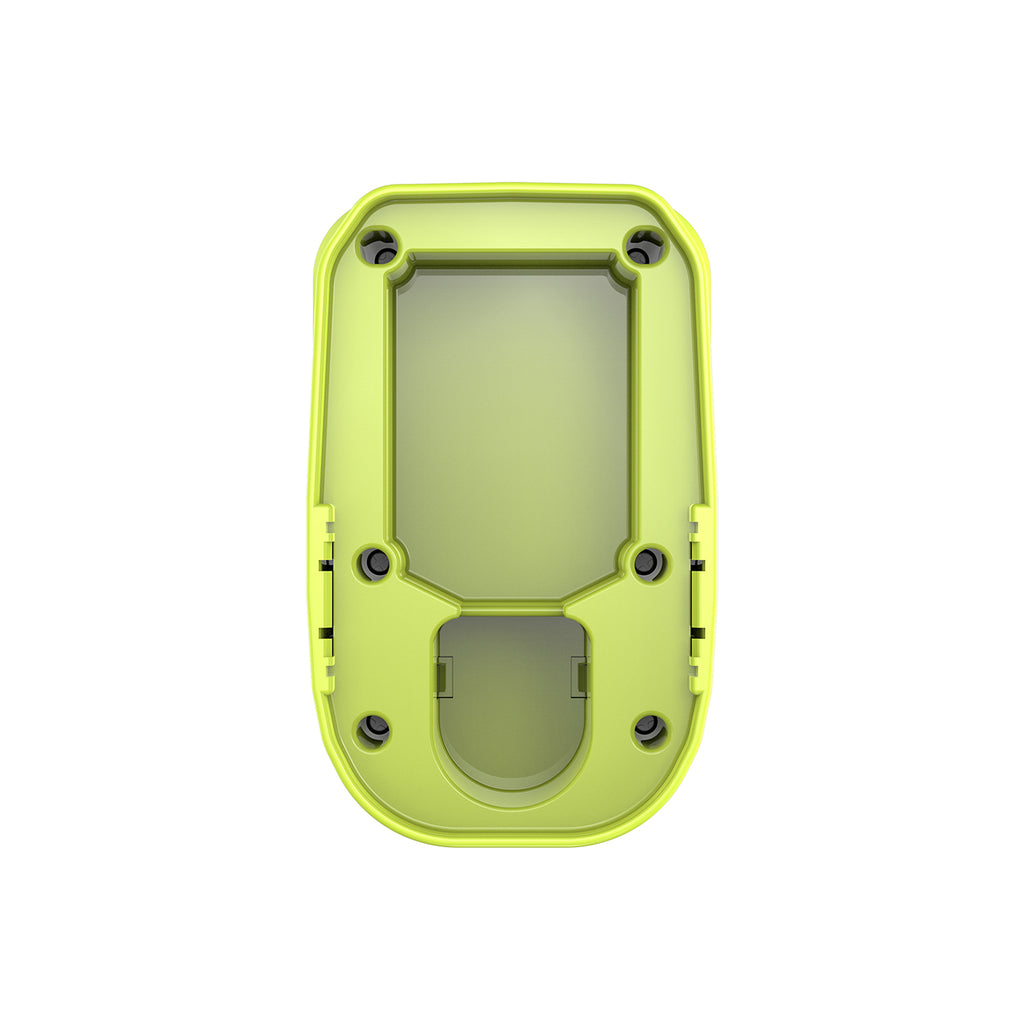Ryobi 18V ONE+ to RIDGID 18V battery adapter - Ryobi battery-side face, stem socket in the recessed pocket and six screws