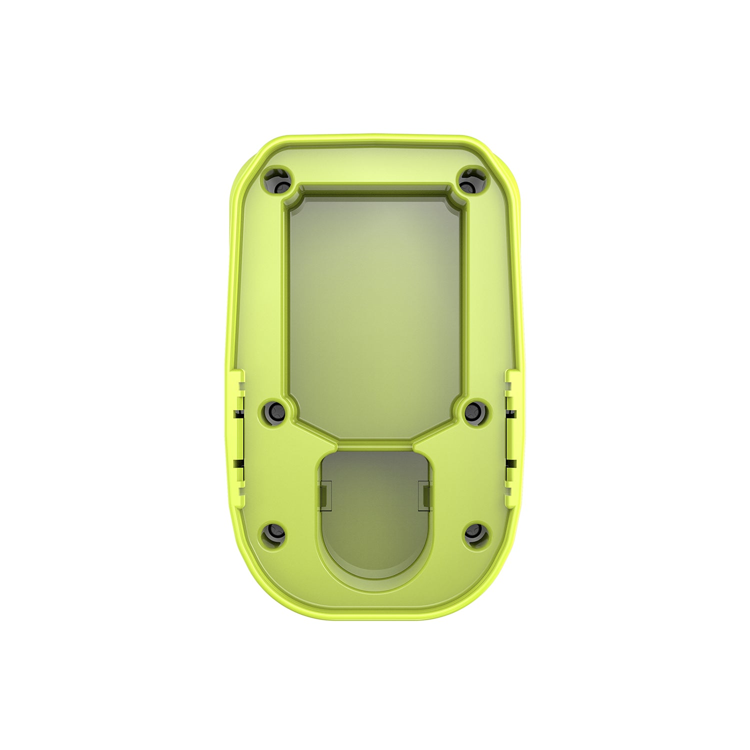 Ryobi 18V ONE+ to RIDGID 18V battery adapter - Ryobi battery-side face, stem socket in the recessed pocket and six screws