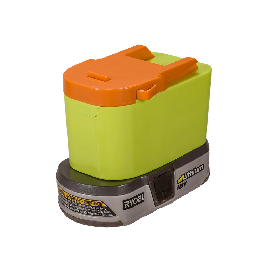 Ryobi 18V ONE+ to RIDGID 18V battery adapter - fitted to the Ryobi 18V ONE+ battery, tool-side face upward with the latch