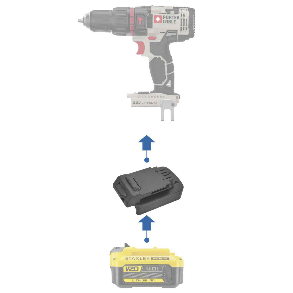 Stanley V20 to Porter Cable 20V battery adapter - compatibility diagram showing battery, adapter and hammer drill