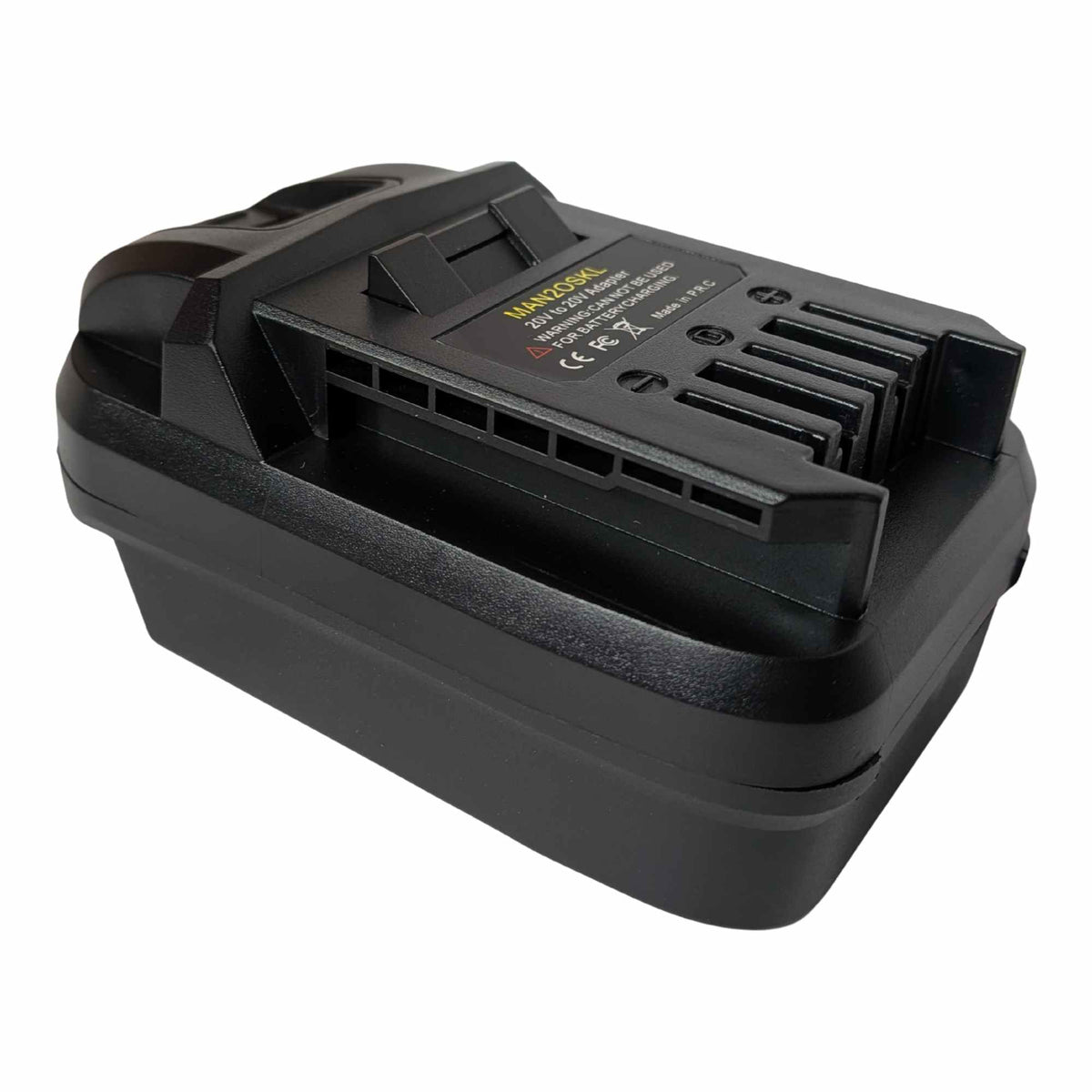 Stanley V20 to SKIL 20V PWR CORE battery adapter - SKIL tool-side connection with five contact slots and the warning label