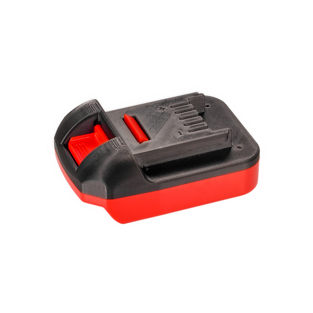 Stanley V20 to Masterforce 20V battery adapter - red release catch in its recess beside the Masterforce tool-side plate