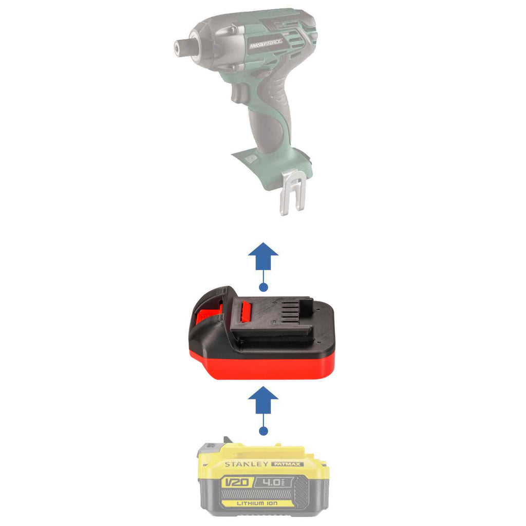 Stanley V20 to Masterforce 20V battery adapter - compatibility diagram showing battery, adapter and impact driver