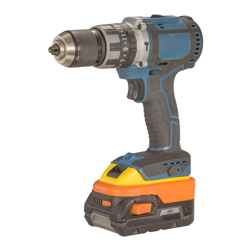 AEG 18V to Hercules 20V battery adapter - installed on a drill and seated on a battery pack, yellow tool side visible
