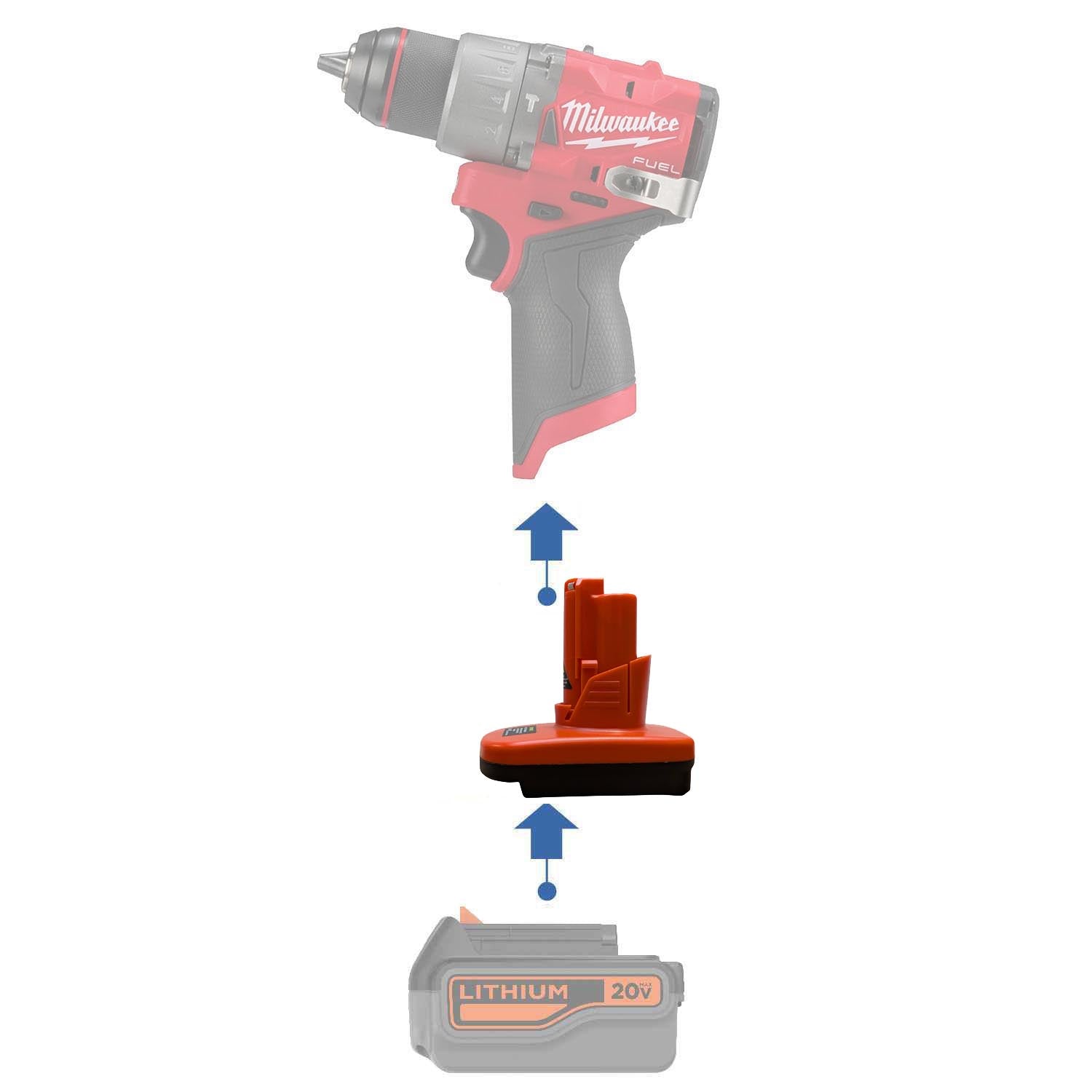 Black and Decker 20V to Milwaukee M12 battery adapter - compatibility diagram showing battery, adapter and hammer drill
