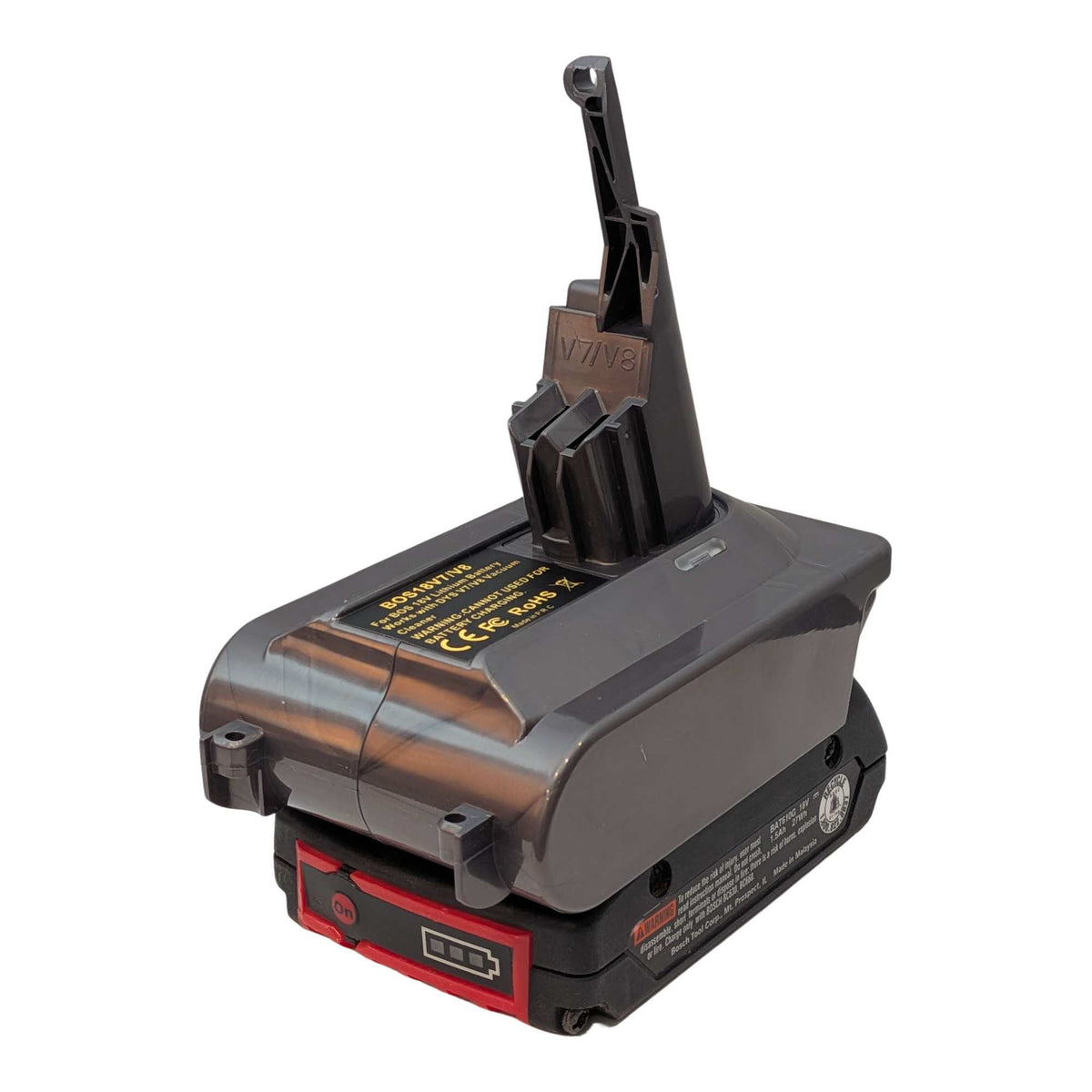 Bosch 18V GBA (Blue) to Dyson V8 battery adapter: Battery on Adapter, Right
