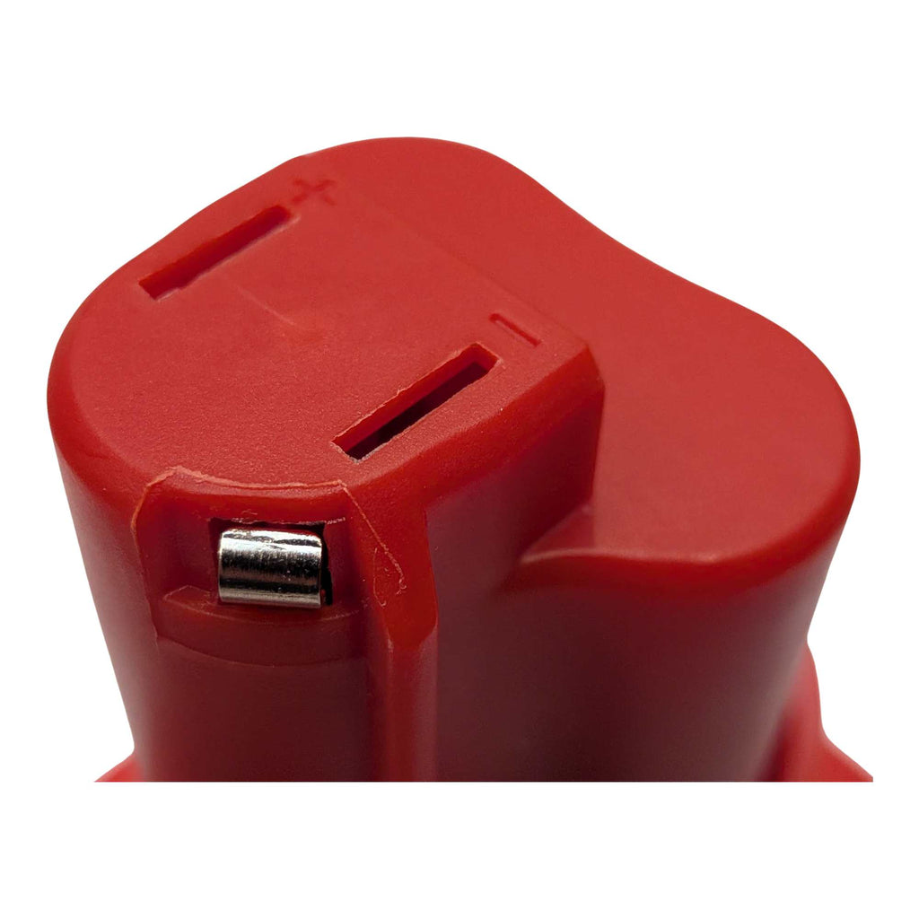 Bosch 18V GBA (Blue) to Milwaukee M12 battery adapter - close-up of the Milwaukee tool-side tower