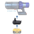 DeWalt 20V MAX to Dyson V10 battery adapter - compatibility diagram showing battery, adapter and cordless vacuum