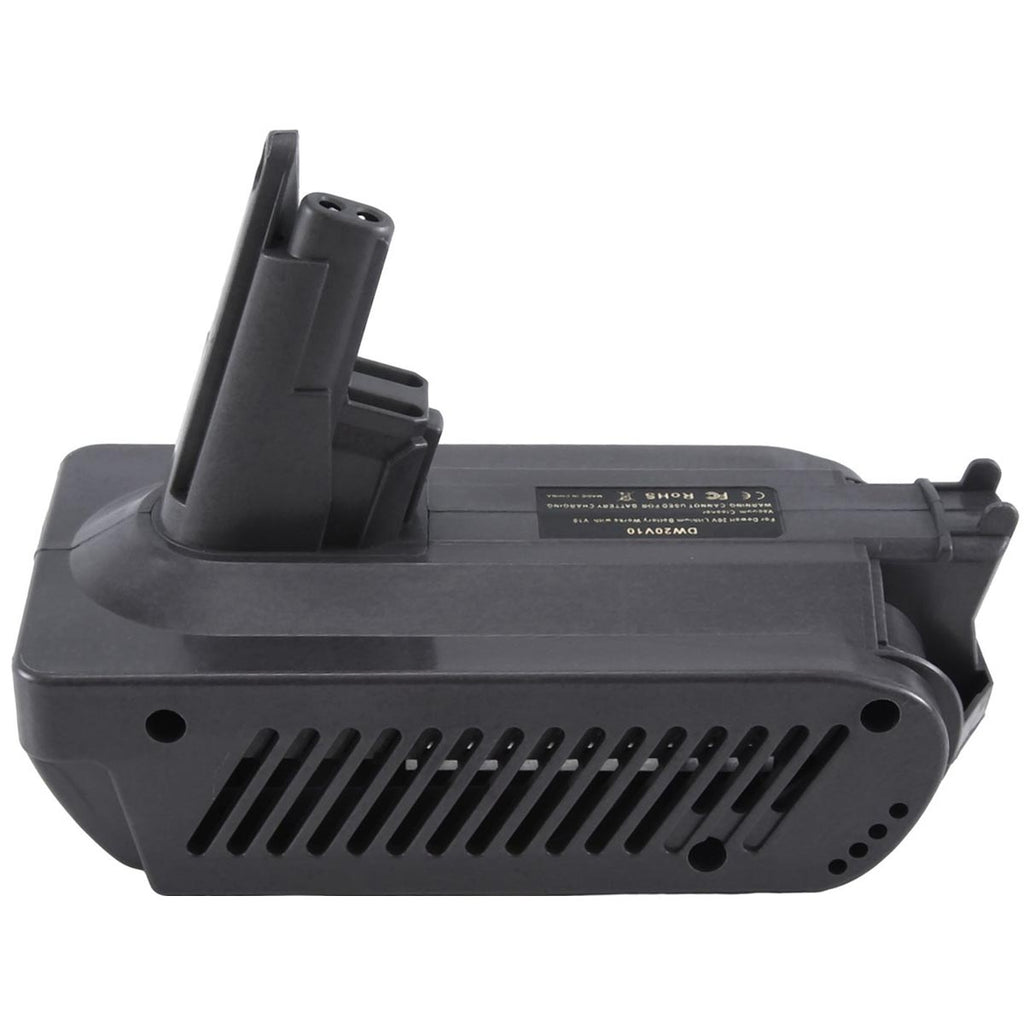 DeWalt 20V MAX to Dyson V10 battery adapter - side view, tool-side contact stem upward and the vent slots along the body