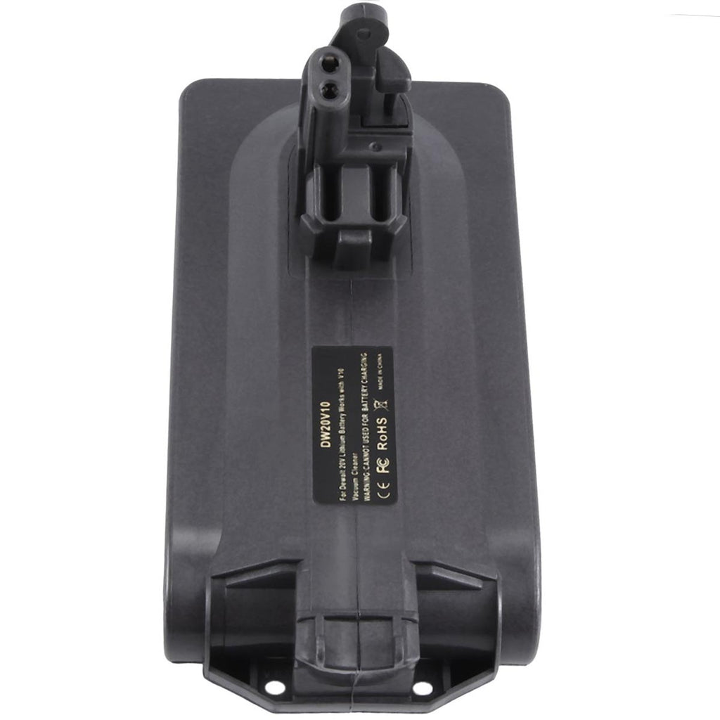 DeWalt 20V MAX to Dyson V10 battery adapter - plan view of the top face, tool-side stem and printed label, rail mouth below