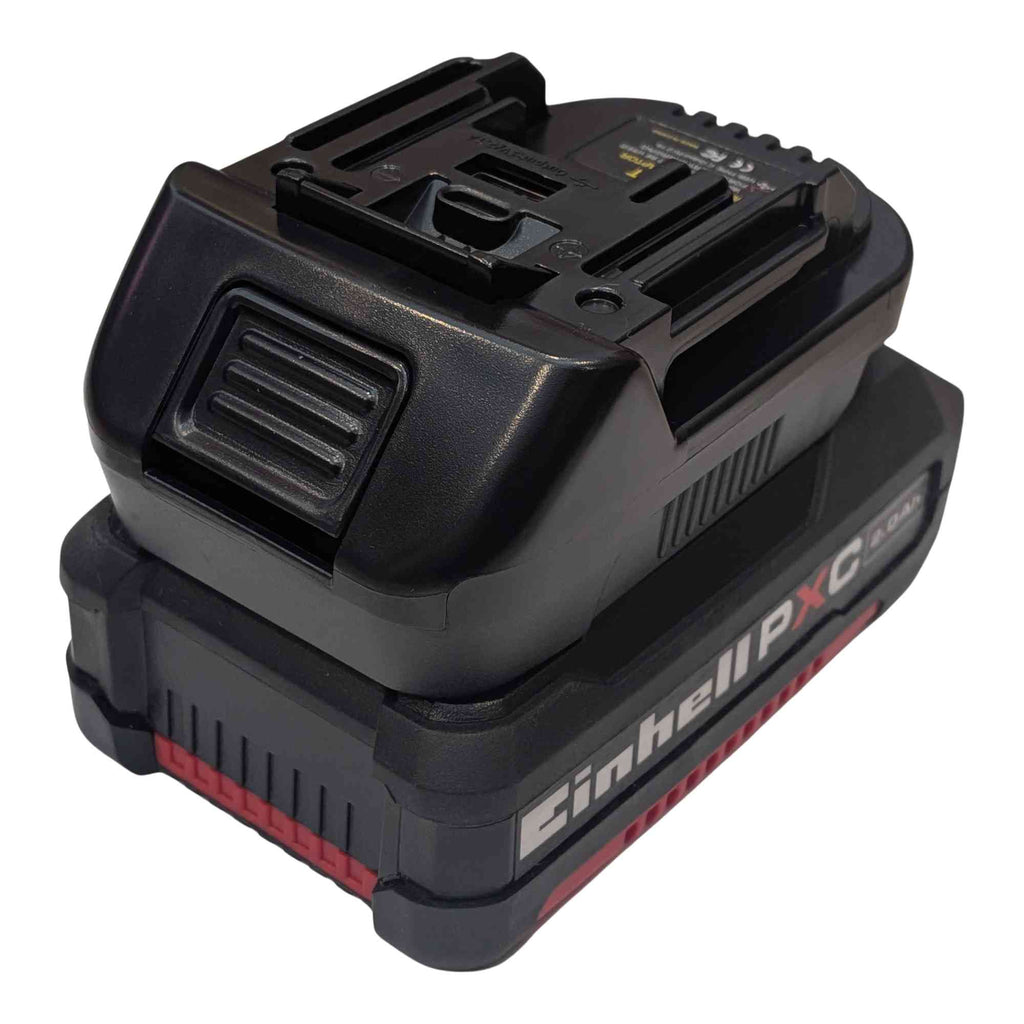 Einhell 18V PXC to RIDGID Plumbing battery adapter - fitted to the Einhell 18V PXC battery, tool-side connection upward