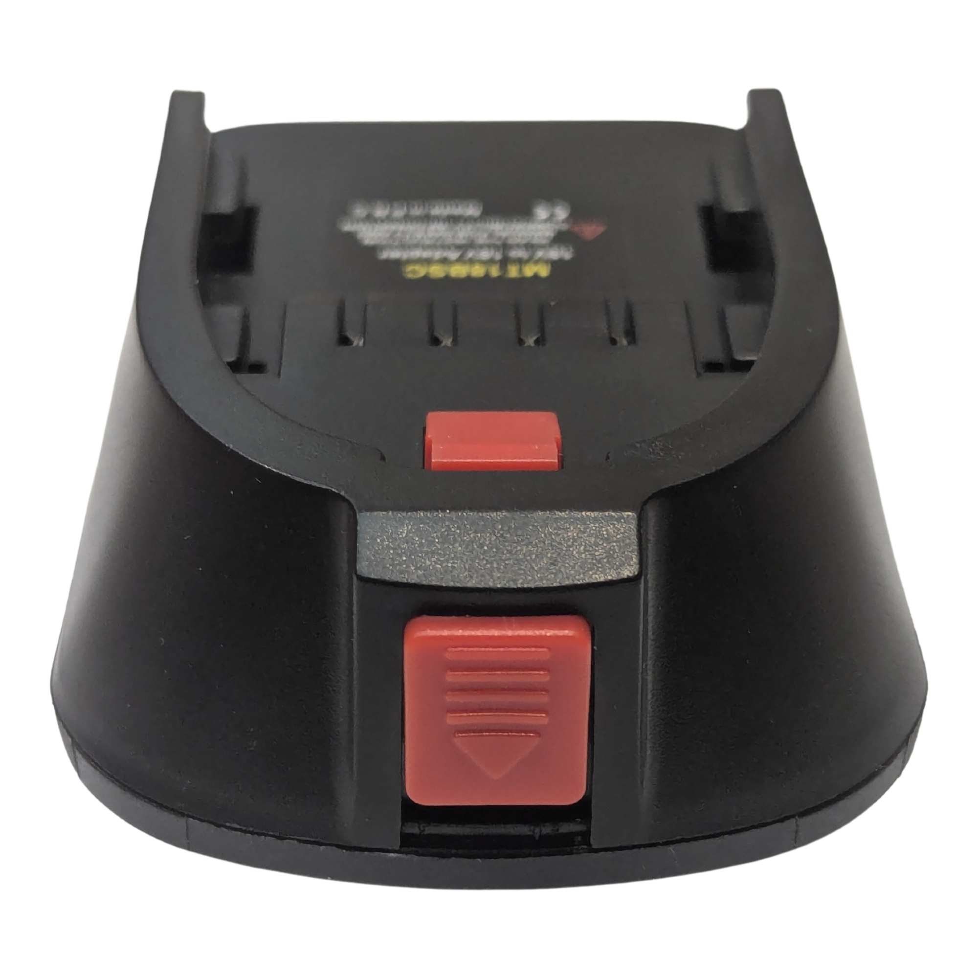 Makita 18V LXT to Bosch 18V PBA (Green) battery adapter - end view with the tool-side release catch above the battery-release