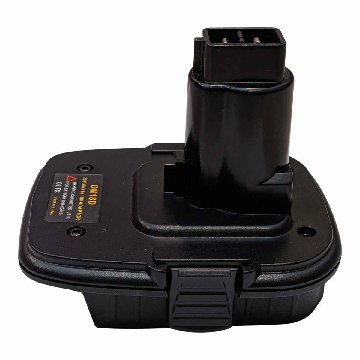 Milwaukee M18 to DeWalt 18V Ni-Cd battery adapter - front angle, tool-side post above the body, warning label alongside