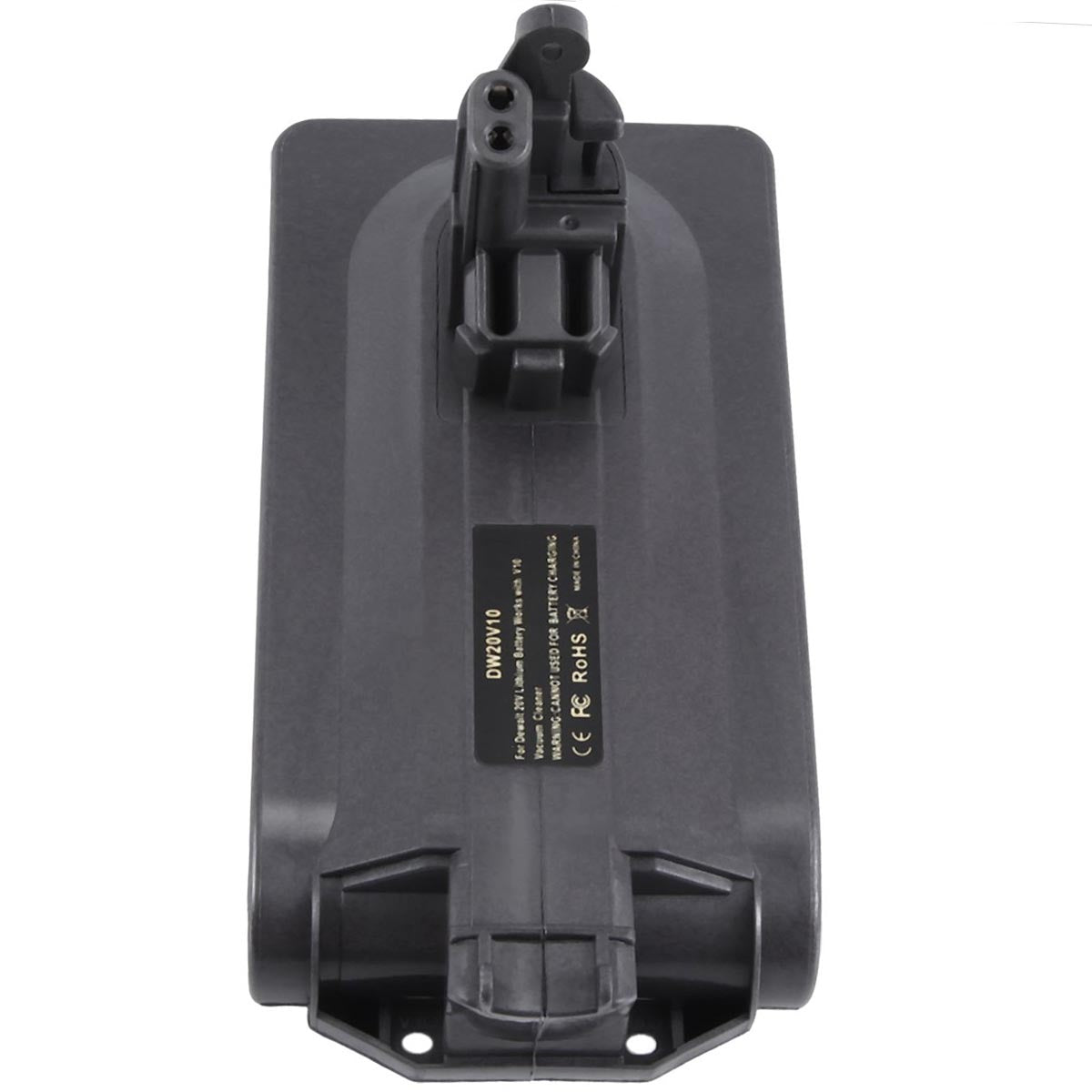 Milwaukee M18 to Dyson V10 battery adapter - plan view of the top face, tool-side stem and printed label, rail mouth below