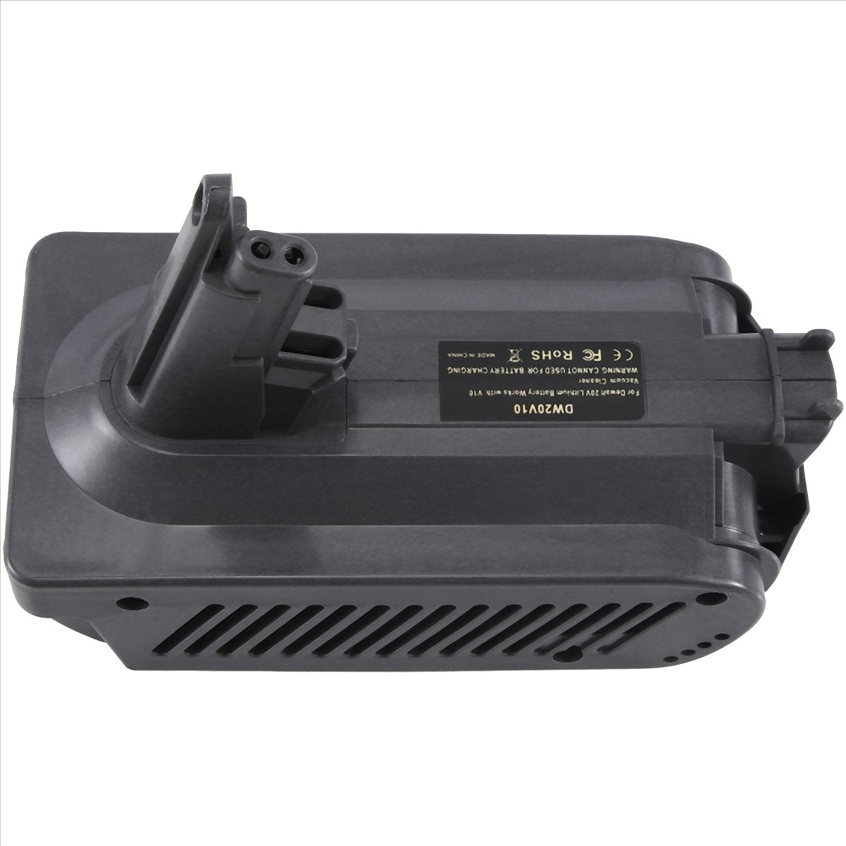 Milwaukee M18 to Dyson V10 battery adapter - three-quarter side view, tool-side contact stem upward, printed label alongside