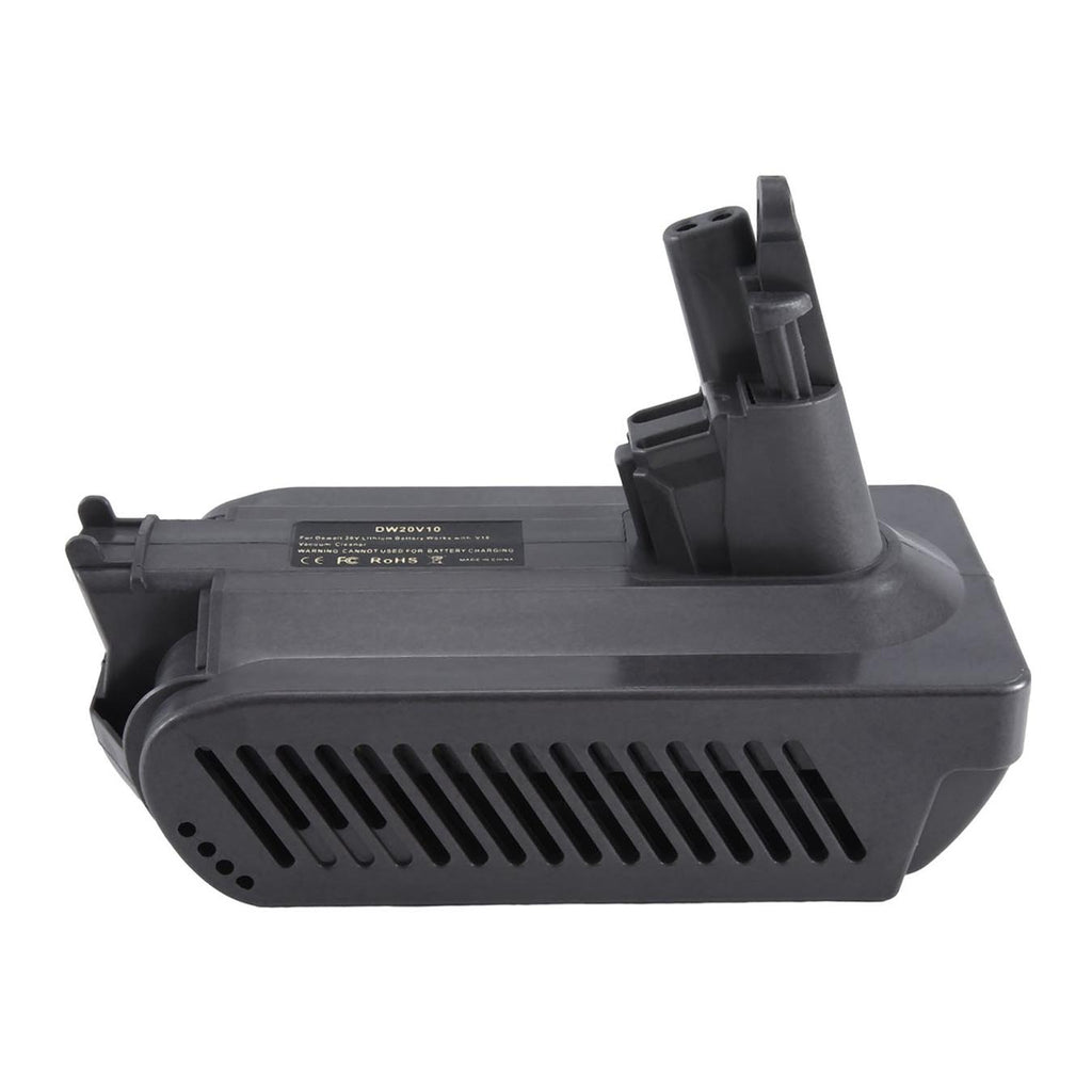 Milwaukee M18 to Dyson V10 battery adapter - side view from the opposite flank, tool-side stem upward over the vent slots