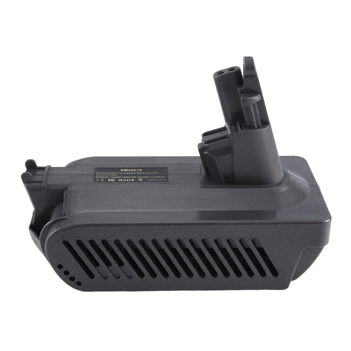 Milwaukee M18 to Dyson V10 battery adapter - side view from the opposite flank, tool-side stem upward over the vent slots