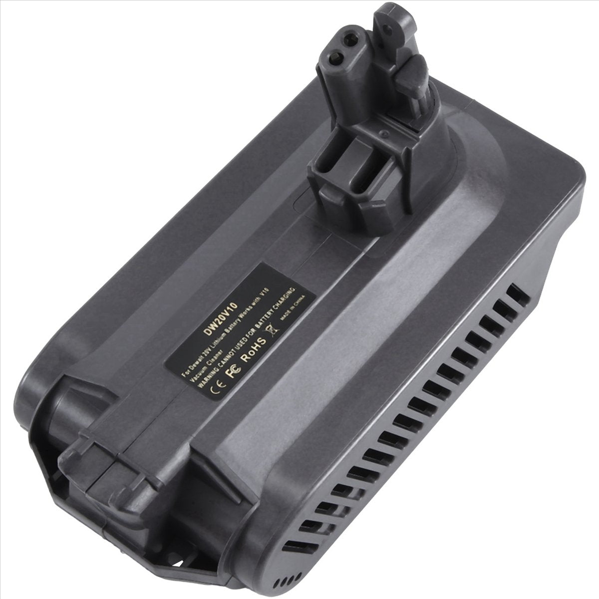 Milwaukee M18 to Dyson V10 battery adapter - three-quarter view from above, tool-side stem and printed label on the top face