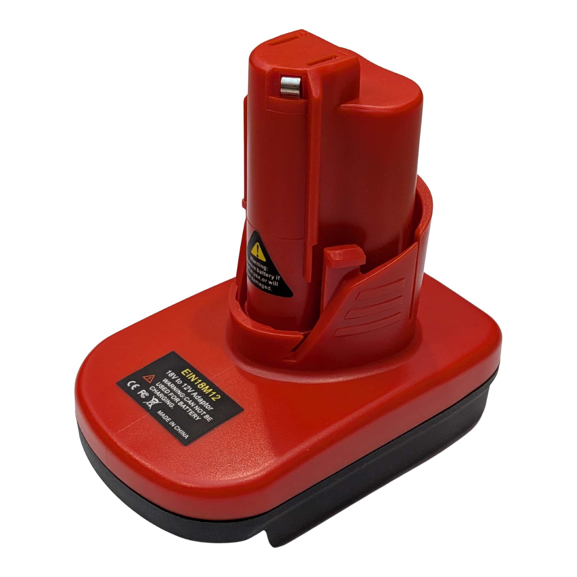 Ozito 18V PXC to Milwaukee M12 battery adapter - tool-side stem upward, red body over the black battery-side base