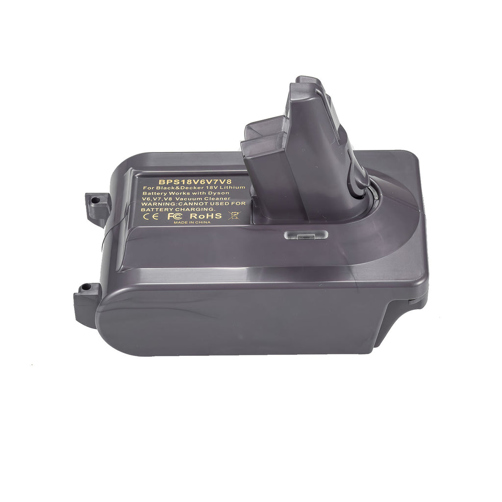 Porter Cable 20V to Dyson V7 battery adapter - side view with the Dyson tool-side stem upright and the warning label in full