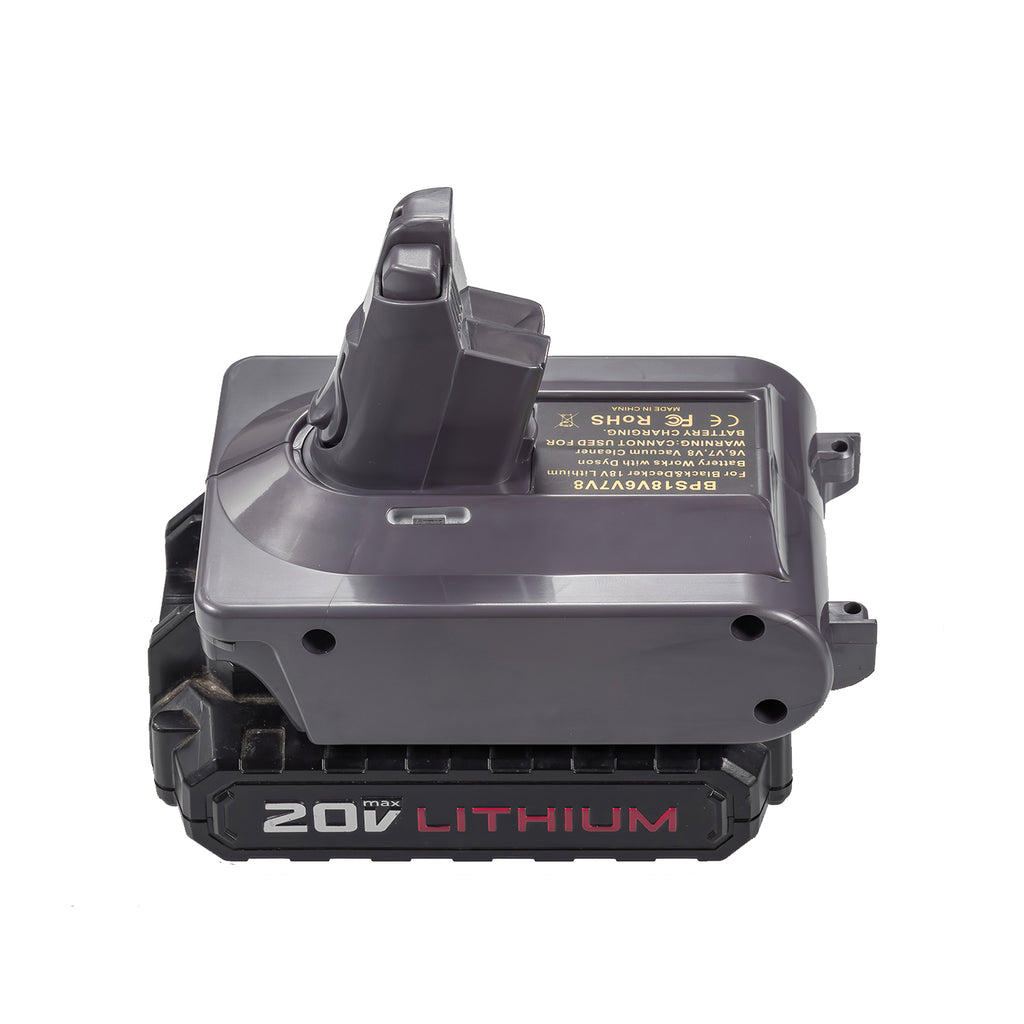 Porter Cable 20V to Dyson V7 battery adapter - fitted to the battery, Dyson tool-side stem upward, front view