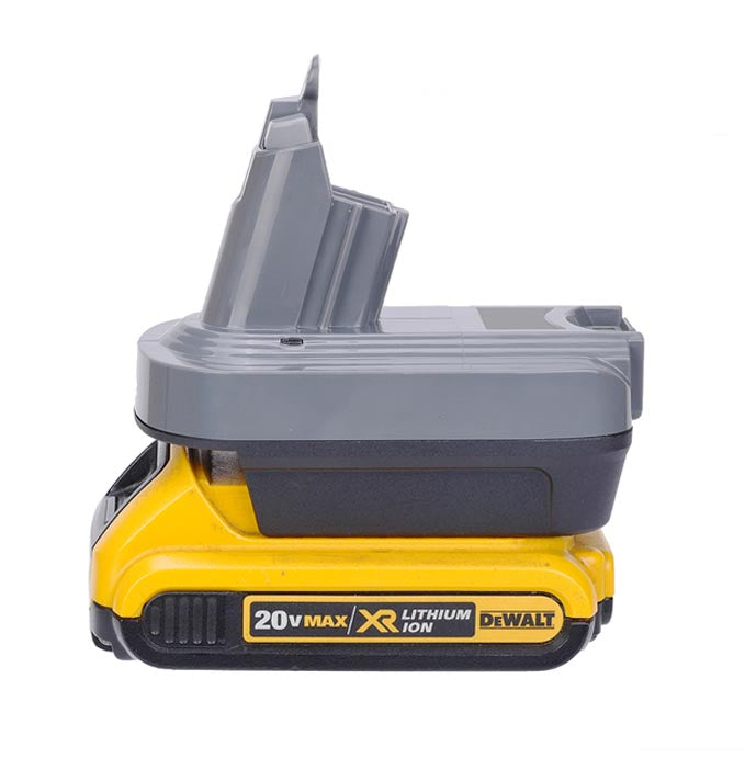DeWalt 20V MAX to Dyson V6 battery adapter - fitted to the DeWalt 20V MAX battery, side view with the tool-side post upward