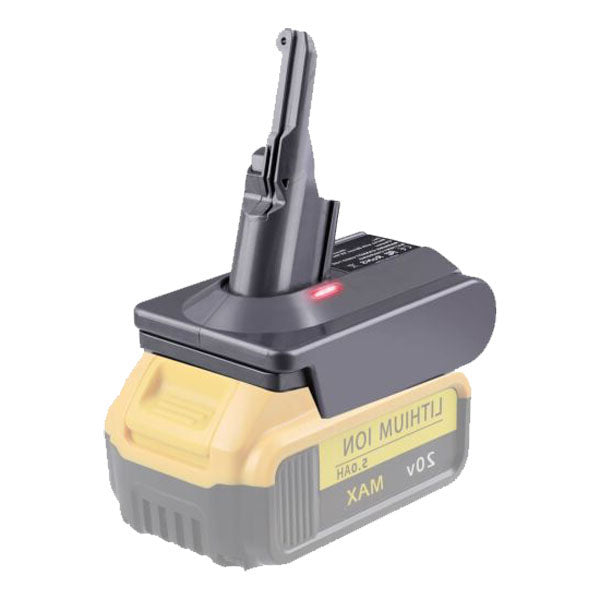 DeWalt 20V MAX to Dyson V8 battery adapter - fitted to the DeWalt 20V MAX battery, stem and release catch upward
